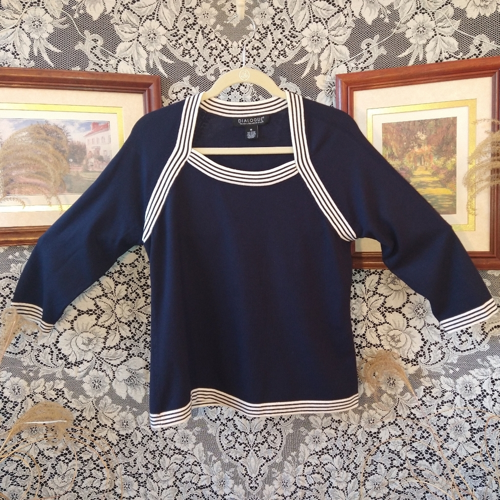 Dialogue dark blue with white striped trim blouse long sleeve sweater loose fit